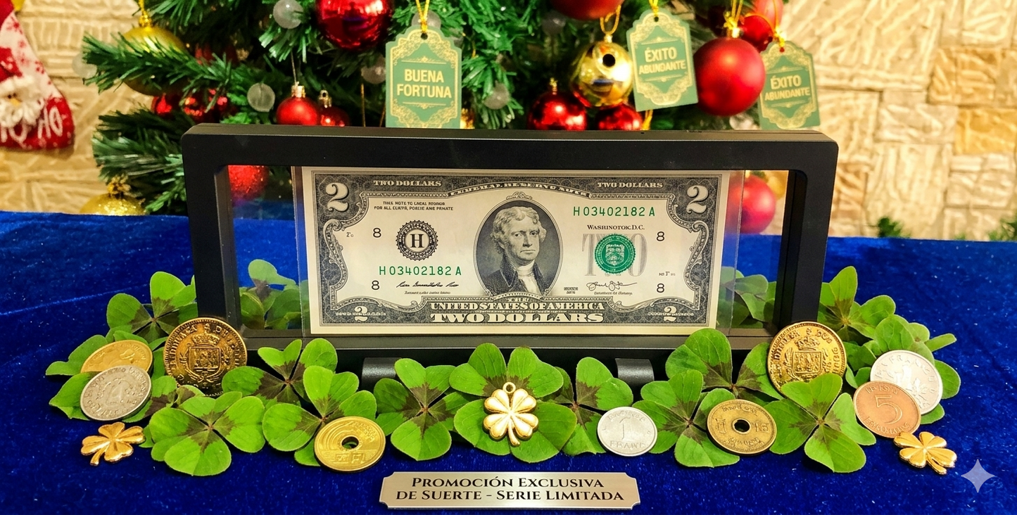 Billete 2 Dólares USA en Marco Flotante Premium | Suerte, Riqueza y Prosperidad
