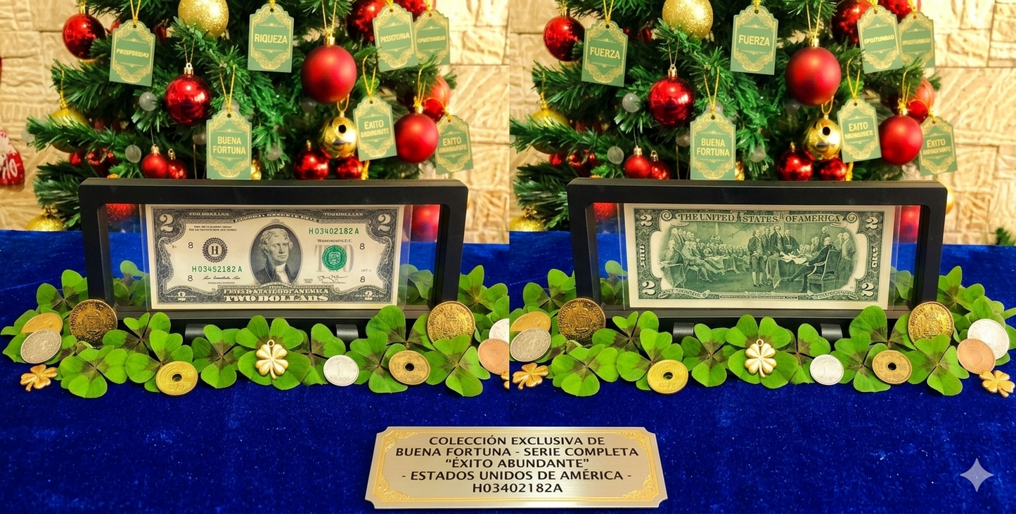 Billete 2 Dólares USA en Marco Flotante Premium | Suerte, Riqueza y Prosperidad