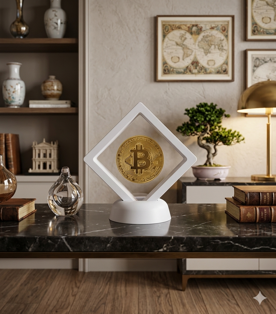 Moneda Bitcoin Coleccionable con Marco Flotante Blanco 🪙 | Edición Especial para Traders