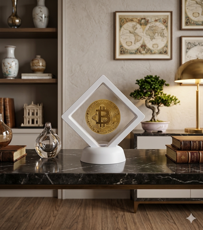 Moneda Bitcoin Coleccionable con Marco Flotante Blanco 🪙 | Edición Especial para Traders