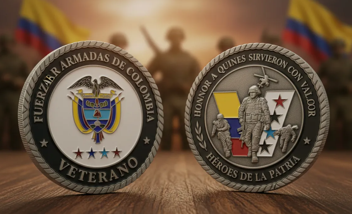 Moneda Homenaje Veteranos Colombia en Marco Flotante Blanco | Fuerzas Armadas Edición Especial