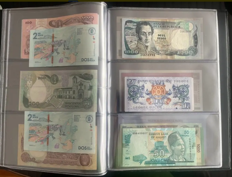 Álbum Colección 25 Billetes Antiguos Colombia y Mundo UNC | Set Numismático Premium
