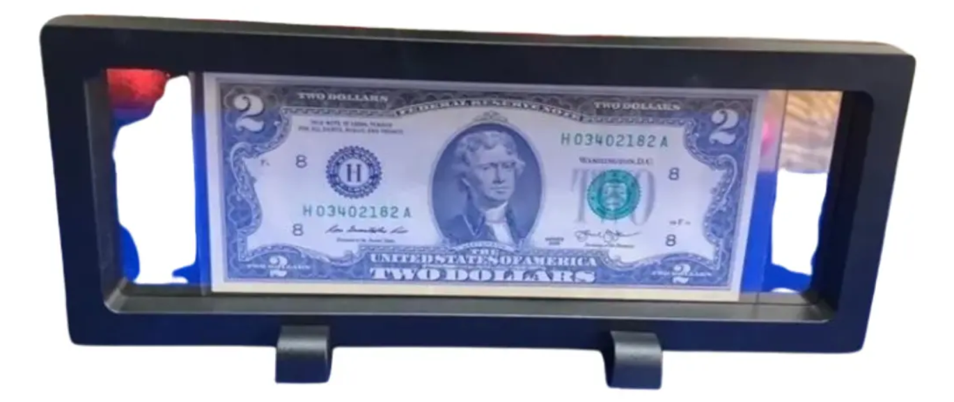 Billete 2 Dólares USA en Marco Flotante Premium | Suerte, Riqueza y Prosperidad