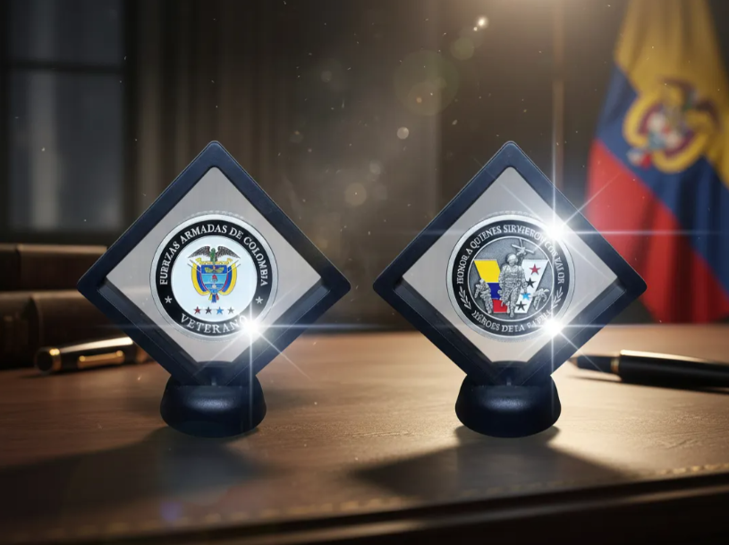 Moneda Homenaje Veteranos Colombia en Marco Flotante Negro | Fuerzas Armadas Edición Especial